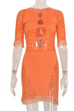 Yellow Print Tassel Hollowed Out Patchwork O Neck Pencil Skirt Dresses