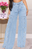 Baby Blue Street Solid Split Joint Buttons High Waist Straight Denim Jeans