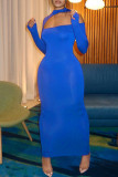 Blue Fashion Sexy Solid Hollowed Out Half A Turtleneck Long Sleeve Dresses