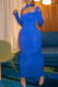 Blue Fashion Sexy Solid Hollowed Out Half A Turtleneck Long Sleeve Dresses