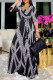 Black And White Fashion Casual Print Bandage V Neck Long Sleeve Dresses