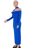 Blue Fashion Sexy Solid Hollowed Out Half A Turtleneck Long Sleeve Dresses