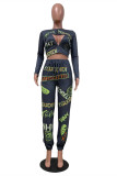 Dark Gray Sexy Casual Print Hollowed Out O Neck Long Sleeve Two Pieces