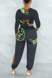 Dark Gray Sexy Casual Print Hollowed Out O Neck Long Sleeve Two Pieces