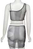 Blue Sexy Print Patchwork One Shoulder Sleeveless Two Pieces