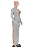 Grey Sexy Casual Solid Bandage Slit Square Collar Long Sleeve Dresses