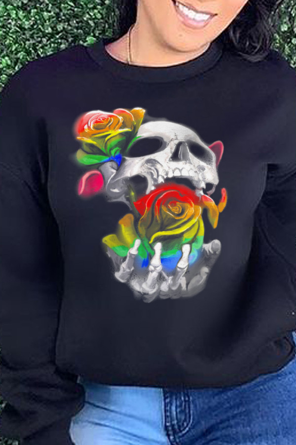 Black Street Print Patchwork O Neck Tops