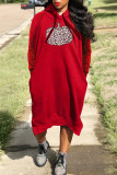 Red Casual Print Patchwork Hooded Collar Straight Dresses