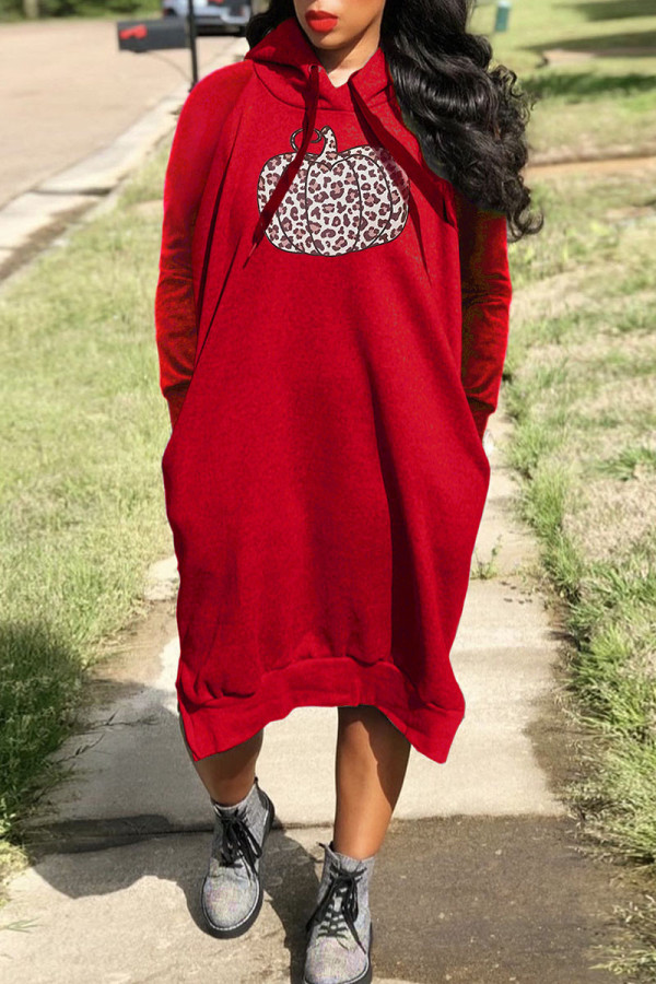 Red Casual Print Patchwork Hooded Collar Straight Dresses