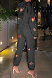 Light Pink Fashion Casual Butterfly Print Basic Hooded Collar Long Sleeve Two Pieces