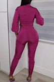 Fuchsia Sexy Solid Bandage Patchwork V Neck Three Quarter Two Pieces