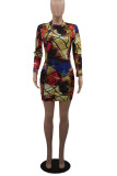 Multi-color Casual Street Print Patchwork Zipper Zipper Collar One Step Skirt Dresses