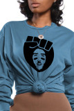 Blue Casual Street Print Patchwork O Neck Tops