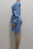 Blue Casual Solid Bandage Split Joint V Neck One Step Skirt Dresses