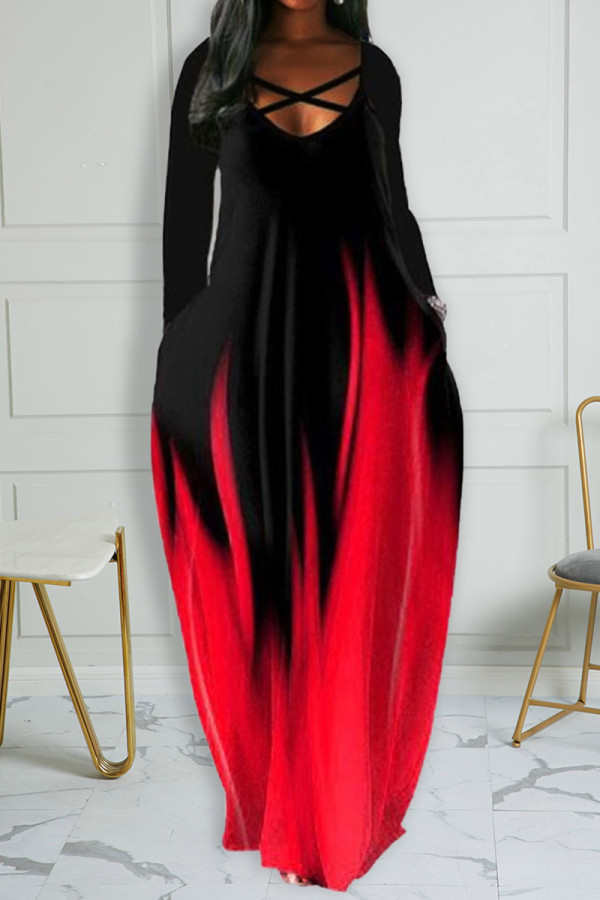 Red Casual Print Patchwork V Neck Long Sleeve Dresses
