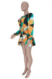 Orange Fashion Casual Print Basic V Neck Long Sleeve Dresses