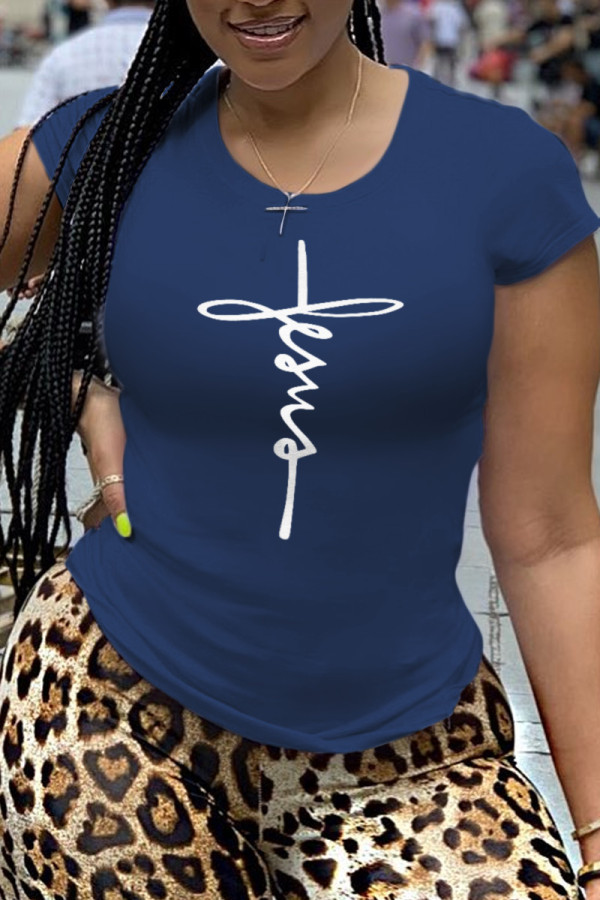 Navy Blue Fashion Sportswear Print Patchwork O Neck T-Shirts