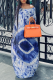 Blue Casual Print Patchwork One Shoulder Straight Dresses