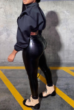 Black Sexy Print Patchwork Zipper Collar Long Sleeve Two Pieces