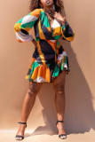Orange Fashion Casual Print Basic V Neck Long Sleeve Dresses
