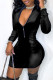 Black Fashion Casual Solid Patchwork Zipper Collar Long Sleeve Dresses