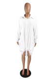 White Casual Shirt sleeves Long Sleeves Turndown Collar Straight Knee-Length Solid Dresses