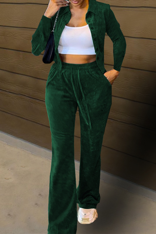 Ink Green Casual Solid Patchwork Turndown Collar Long Sleeve Two Pieces