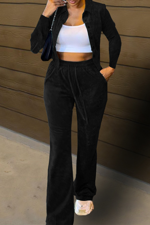 Black Casual Solid Patchwork Turndown Collar Long Sleeve Two Pieces