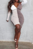 Coffee Fashion Sexy Patchwork Backless Fold V Neck Long Sleeve Dresses