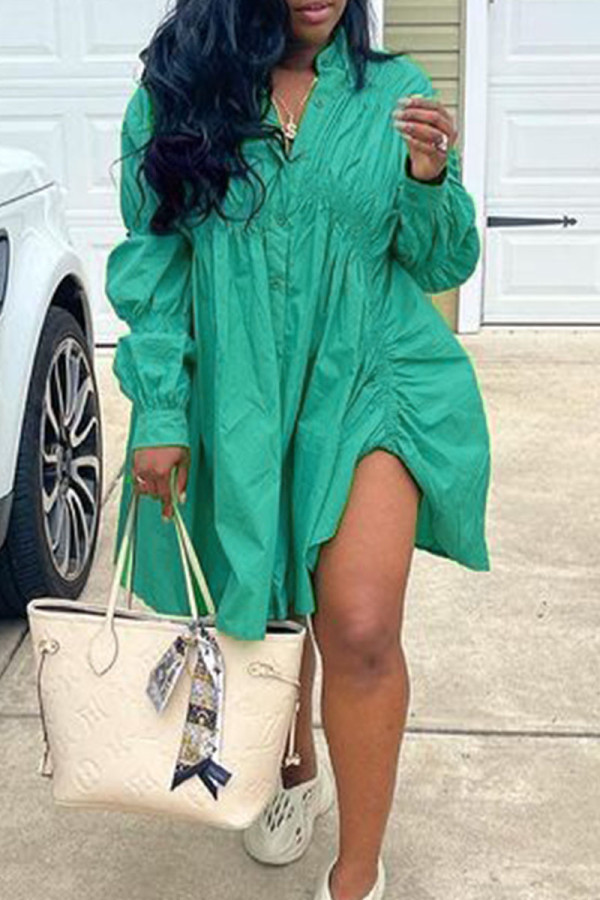 Green Casual Solid Patchwork Buckle Turndown Collar A Line Dresses