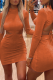 Tangerine Red Sexy Solid Hollowed Out Half A Turtleneck Pencil Skirt Dresses