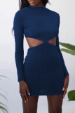 Blue Sexy Solid Hollowed Out Half A Turtleneck Pencil Skirt Dresses