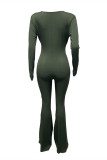 Army Green Sexy Casual Solid Bandage Hollowed Out V Neck Regular Jumpsuits