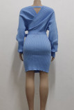 Blue Casual Solid Bandage Split Joint V Neck One Step Skirt Dresses