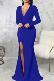 Red Elegant Solid Patchwork High Opening V Neck Evening Dress Dresses