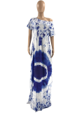 Blue Casual Print Patchwork One Shoulder Straight Dresses