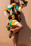 Orange Fashion Casual Print Basic V Neck Long Sleeve Dresses
