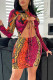 Multicolor Fashion Sexy Print Bandage Hollowed Out Half A Turtleneck Long Sleeve Dresses