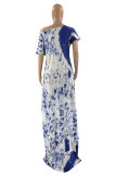 Blue Casual Print Patchwork One Shoulder Straight Dresses