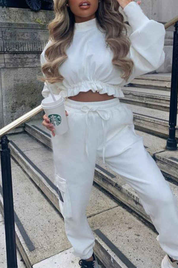 White Fashion Casual Letter Print Basic O Neck Long Sleeve Two Pieces