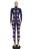 Dark Blue Fashion Casual Print Basic Zipper Collar Regular Jumpsuits