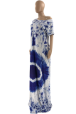 Blue Casual Print Patchwork One Shoulder Straight Dresses