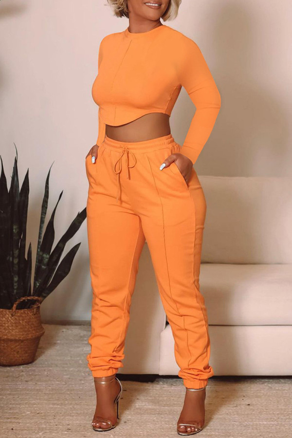 Orange Fashion Casual Solid Basic O Neck Long Sleeve Two Pieces