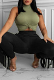 Khaki Casual Solid Tassel Patchwork Skinny High Waist Pencil Solid Color Bottoms