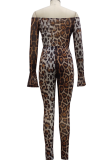 Leopard Print Sexy Print Patchwork Off the Shoulder Long Sleeve Two Pieces