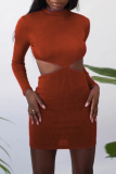 Apricot Sexy Solid Hollowed Out Half A Turtleneck Pencil Skirt Dresses