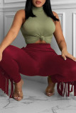 Khaki Casual Solid Tassel Patchwork Skinny High Waist Pencil Solid Color Bottoms