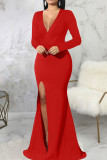 Red Elegant Solid Patchwork High Opening V Neck Evening Dress Dresses