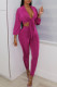 Fuchsia Sexy Solid Bandage Patchwork V Neck Three Quarter Two Pieces