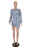 White Fashion Print Draw String Frenulum Asymmetrical O Neck Long Sleeve Dresses
